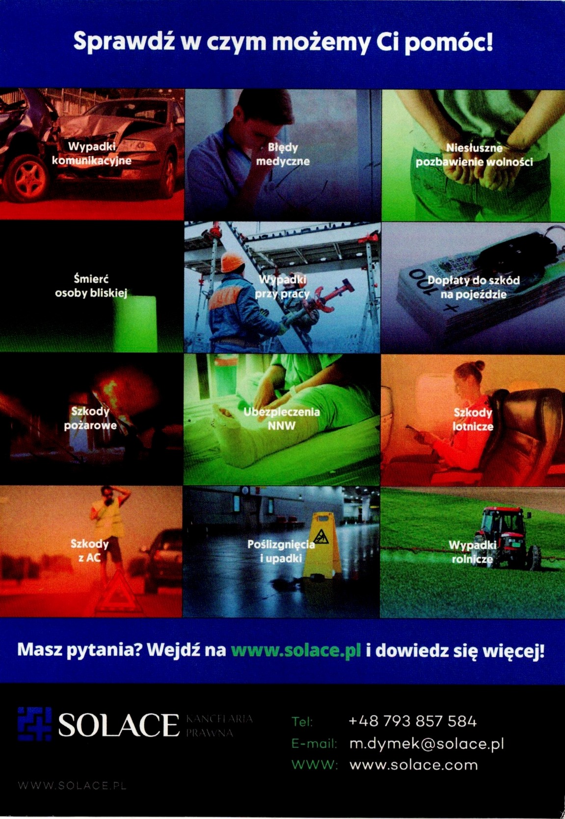 Kompozycja zdjęć ilustrujących różne rodzaje szkód: komunikacyjne, medyczne, wypadki przy pracy, rolnicze, lotnicze, pożarowe, NNW, z AC, poślizgnięcia, śmierć osoby bliskiej.