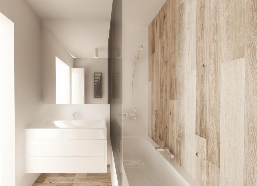 Nowoczesna łazienka z białymi meblami, umywalką nablatową i wanną, akcentem drewnianej ściany oraz szklanym panelem prysznicowym.