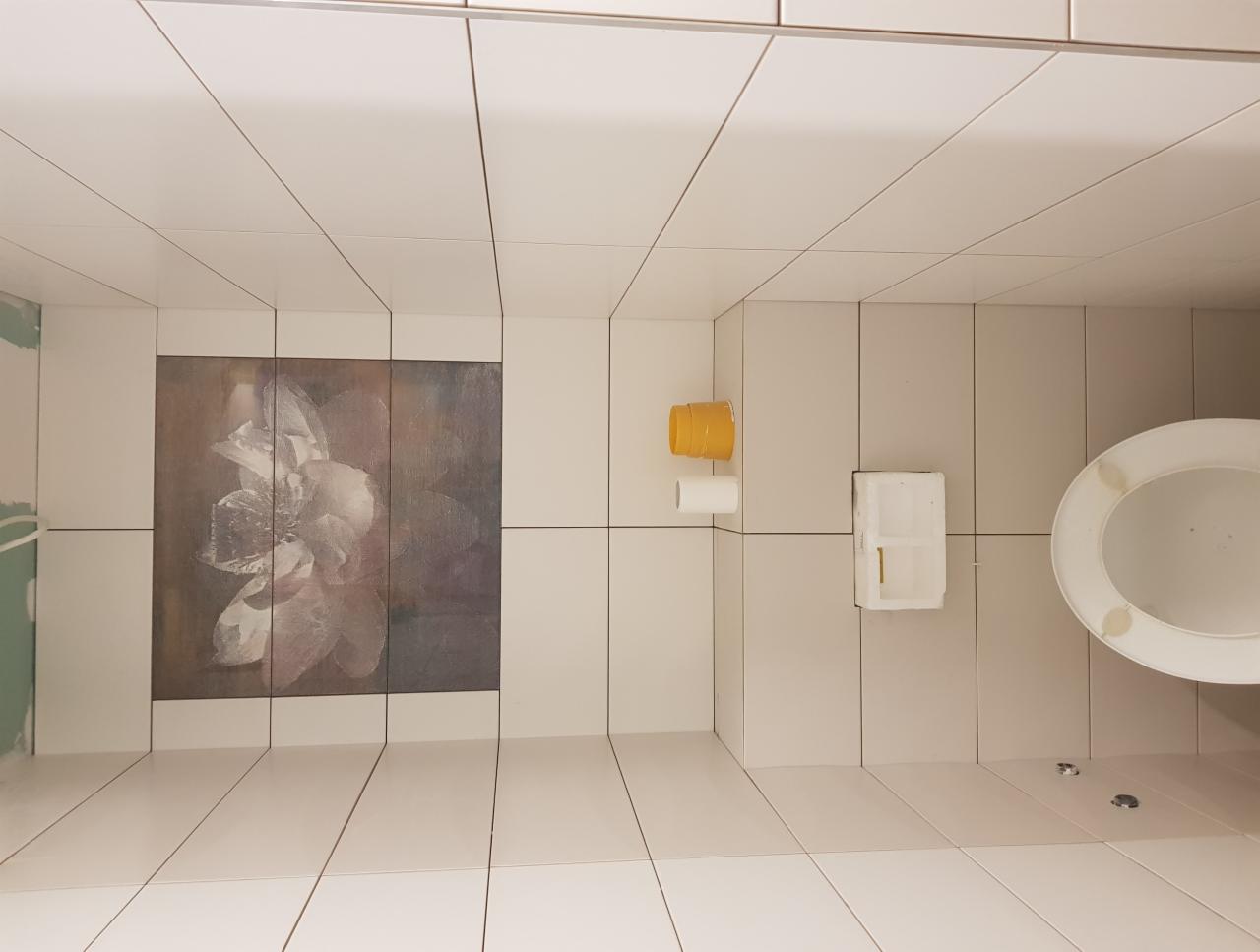 Jasna łazienka w trakcie wykańczania, widoczne białe płytki, toaleta, uchwyt na papier toaletowy i dekoracyjna płytka z motywem kwiatowym na ścianie.