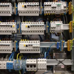 Rozdzielnica elektryczna z zabezpieczeniami nadprądowymi Eaton, widoczne przewody w kolorach niebieskim, żółtym i czarnym oraz listwy zaciskowe.