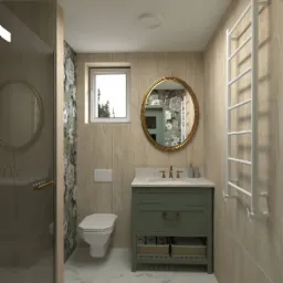 Wizualizacja łazienki z umywalką w kolorze oliwkowej zieleni, owalnym lustrem w złotej ramie, grzejnikiem drabinkowym i toaletą w stylu retro, ściany wykończone płytkami imitującymi drewno, a jedna...