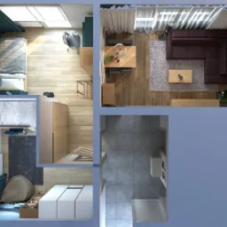 Kolaż wizualizacji 3D wnętrz: pokój dzienny z brązową sofą narożną, jadalnia z drewnianym stołem, sypialnia z łóżkiem pojedynczym oraz pokój z łóżkiem chowanym w szafie i workiem sako, wszystko...