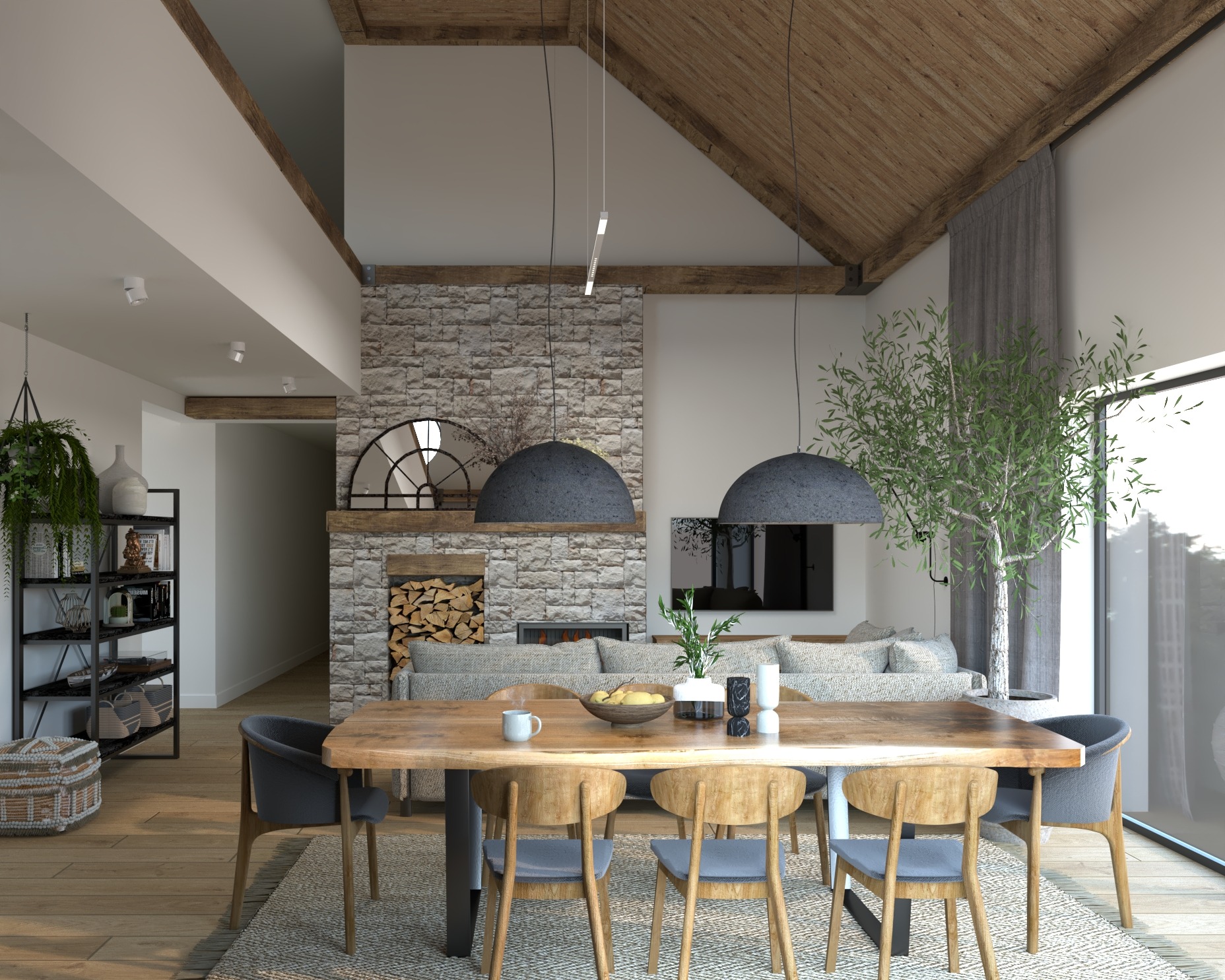 Jasne wnętrze z drewnianym stołem jadalnym, kamiennym kominkiem i wysokim sufitem z drewnianą konstrukcją; widoczne elementy dekoracyjne i roślina w donicy.