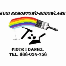Logo firmy remontowo-budowlanej: pędzel malarski z tęczowymi farbami, młotek, kielnia, nazwa firmy Piotr i Daniel oraz numer telefonu.