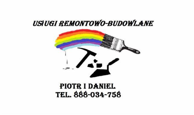 Logo firmy remontowo-budowlanej: pędzel malarski z tęczowymi farbami, młotek, kielnia, nazwa firmy Piotr i Daniel oraz numer telefonu.