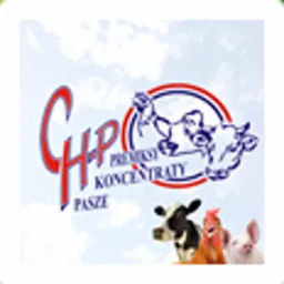 Logo firmy CHP Premiksy Koncentraty Pasze z wizerunkami krowy, kury i świni na tle nieba.