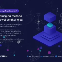 Abstrakcyjna wizualizacja blokowej selekcji fraz z użyciem sześcianów w odcieniach niebieskiego i fioletowego, połączonych cienkimi liniami na ciemnoniebieskim tle z elementami graficznymi...