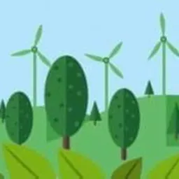 Grafika wektorowa przedstawia krajobraz z wiatrakami, drzewami i sylwetką miasta w tle, z napisem 'Ochrona Środowiska' umieszczonym w zielonym okręgu.