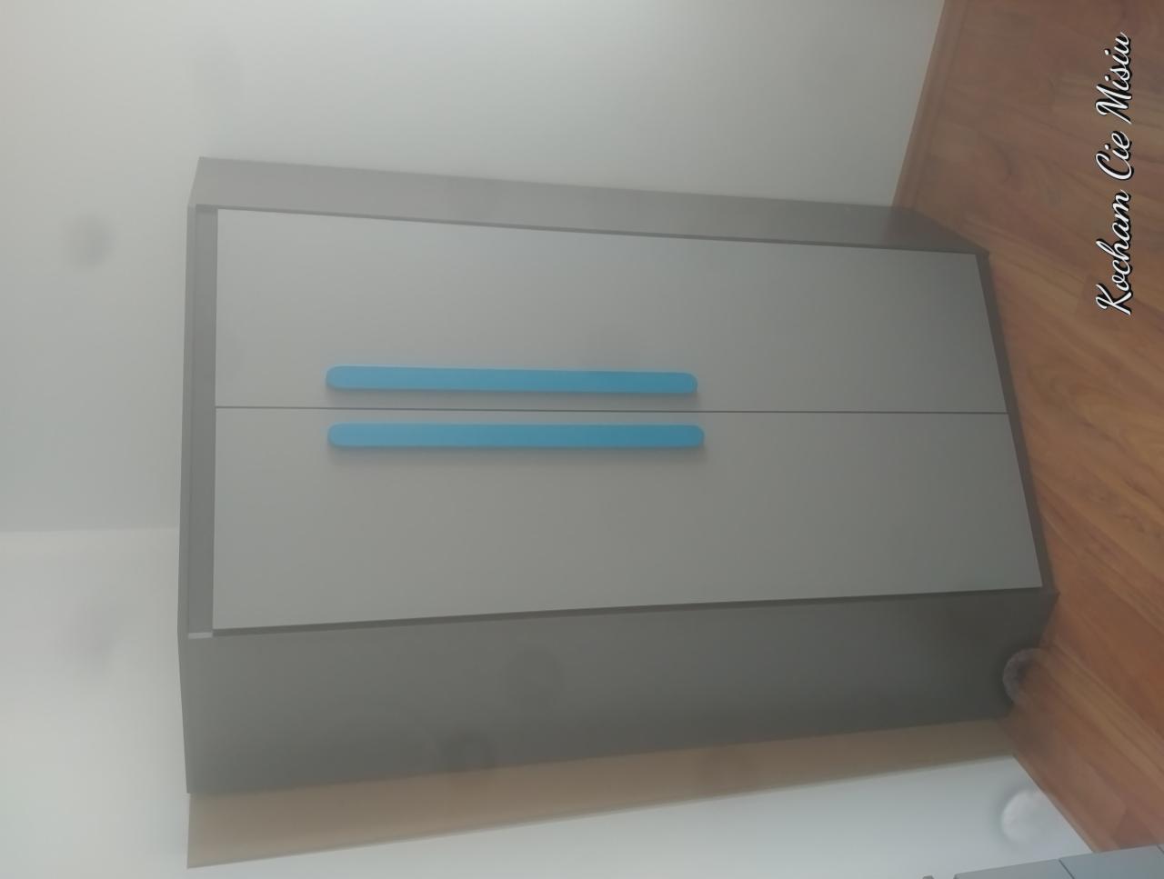 Dwudrzwiowa szafka w odcieniach szarości z poziomymi, błękitnymi uchwytami na tle ściany i podłogi z paneli.