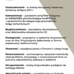 Tekst reklamowy biura rachunkowego: Wyróżnia nas PLUSY - doświadczenie, kompetencje, bezpieczeństwo, dostępność, otwartość, nowoczesność, skrupulatność, aktualizacja wiedzy.