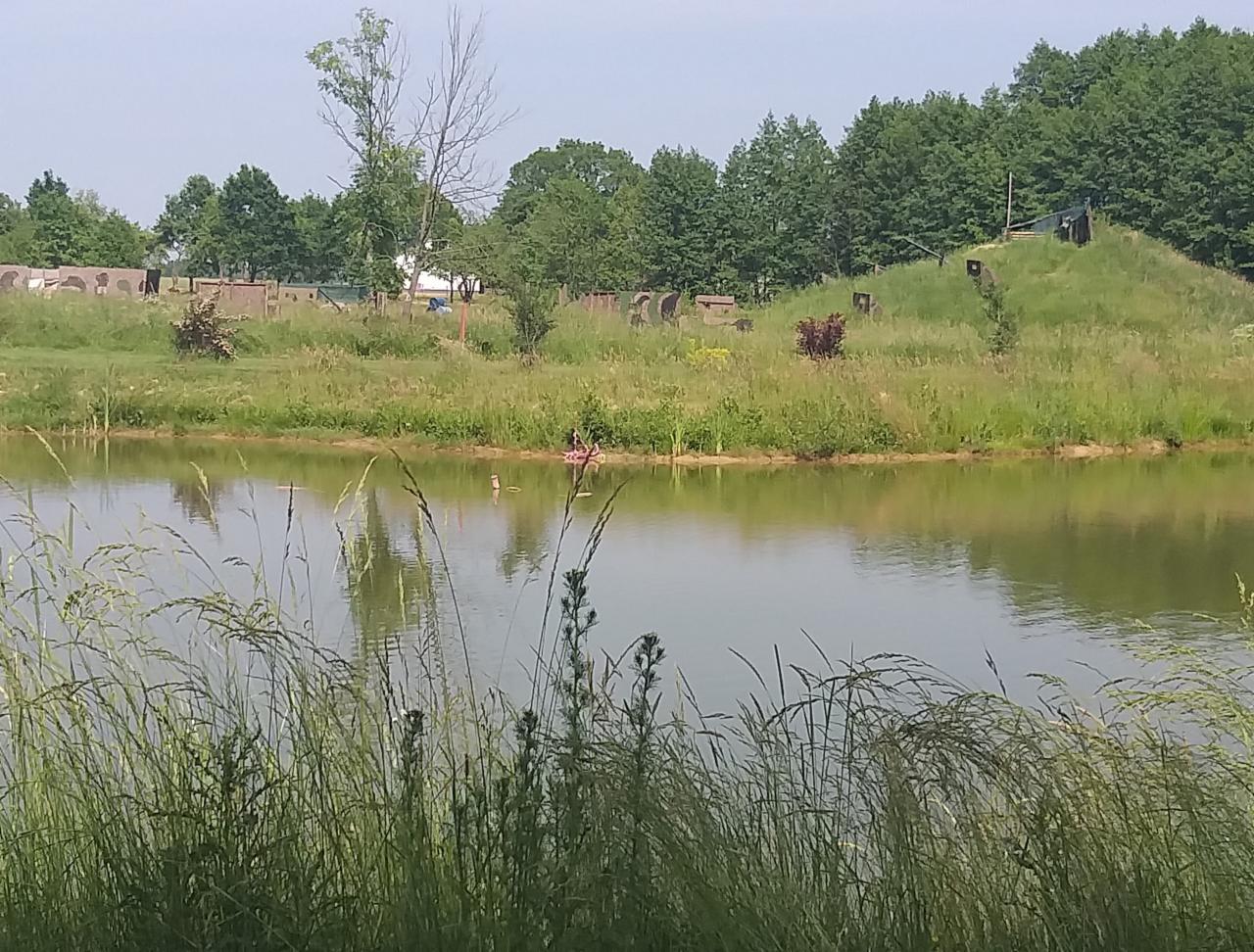 Widok na jezioro z przeszkodami do paintballa i budynkami w tle, z wysoką trawą na pierwszym planie.