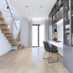 Wizualizacja wnętrza: schody z jasnego drewna, biurko z marmurowym panelem, szara krzesło i regał z książkami, duże okno z zasłonami.