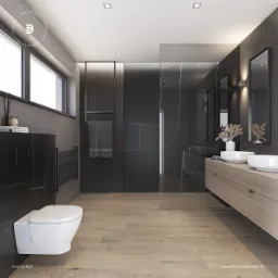 Nowoczesna łazienka z czarnymi płytami imitującymi marmur, drewnianą podłogą i szafką pod umywalki, minimalistyczna armatura, widok na kabinę prysznicową typu walk-in.