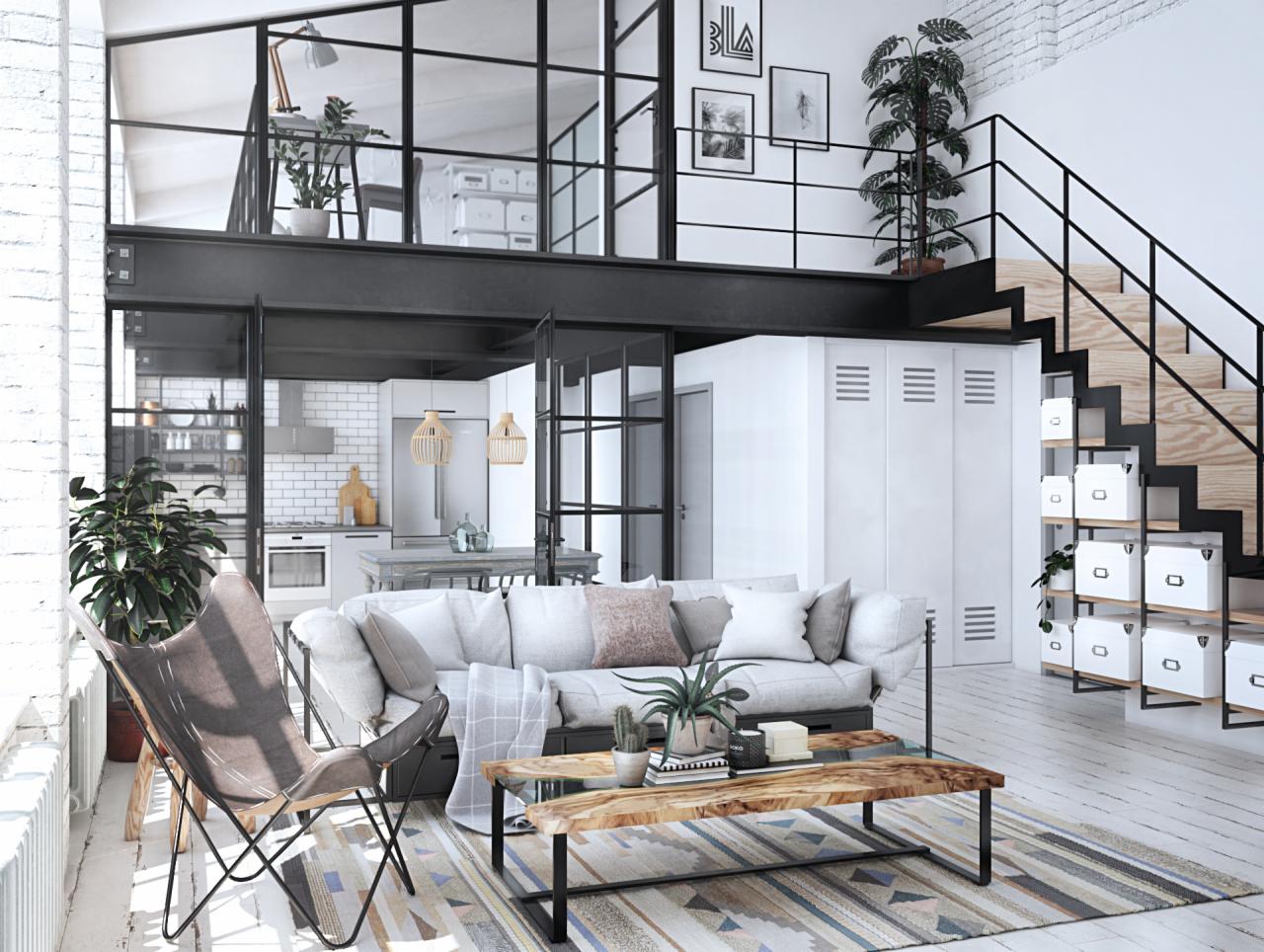 Jasne, przestronne wnętrze mieszkania w stylu loft z antresolą, metalowymi ramami okiennymi, drewnianymi schodami, szarą sofą i fotel butterfly oraz wzorzystym dywanem.