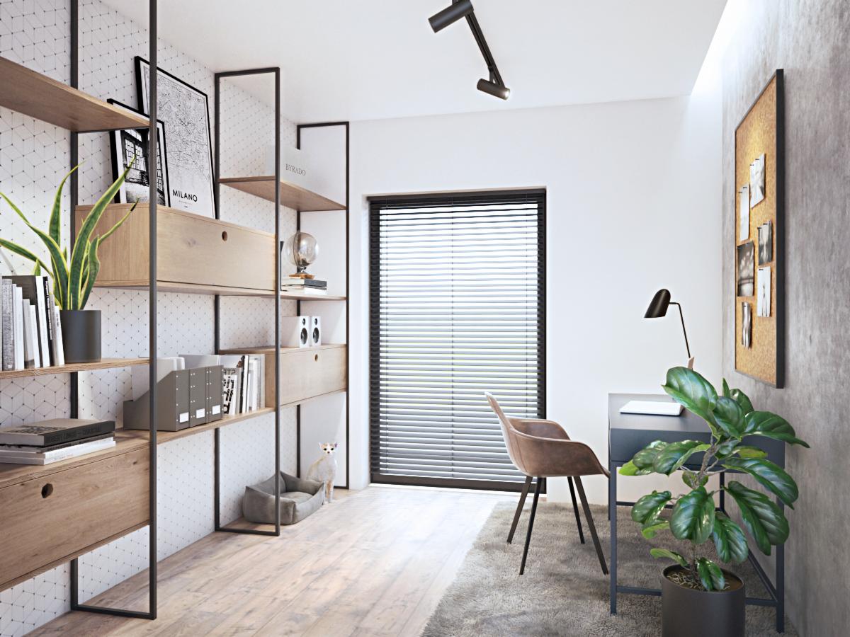 Nowoczesne biuro domowe z drewnianym regałem na metalowym stelażu, biurkiem z lampką, krzesłem i roślinami doniczkowymi, uzupełnione o tablicę korkową, z widocznym kotem w legowisku.