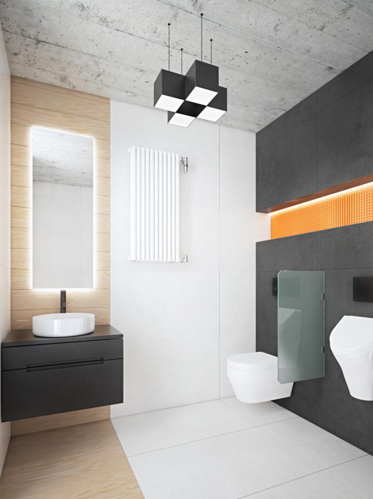 Nowoczesna łazienka w Zielonej Górze z betonowym sufitem, białymi płytkami, czarną szafką pod umywalką z podświetlanym lustrem, wiszącą toaletą za szklaną ścianką i geometryczną lampą.