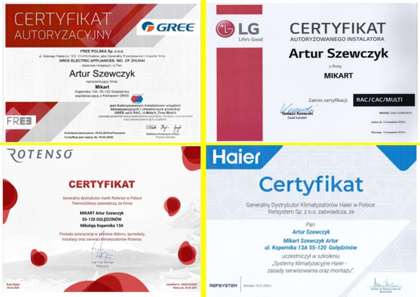 Zestaw certyfikatów autoryzacyjnych dla firmy Mikart, obejmujących marki Gree, LG, Rotenso i Haier, potwierdzających uprawnienia do instalacji i serwisu klimatyzacji.