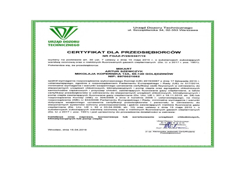 Skan certyfikatu dla przedsiębiorców zajmujących się instalacją, naprawą, konserwacją lub serwisowaniem urządzeń chłodniczych, klimatyzacyjnych lub pomp ciepła, wydany przez Urząd Dozoru Technicznego.