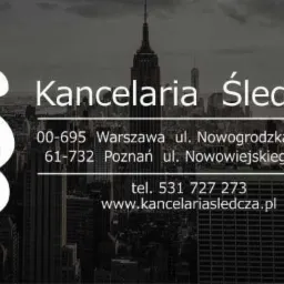 Logo Kancelarii Śledczej na tle panoramy miasta z drapaczami chmur, zawierające adresy w Warszawie i Poznaniu oraz numer telefonu i adres strony internetowej.
