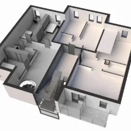 Wizualizacja 3D przekroju domu dwukondygnacyjnego z spiralnymi schodami, balkonem i wyposażeniem wnętrz.