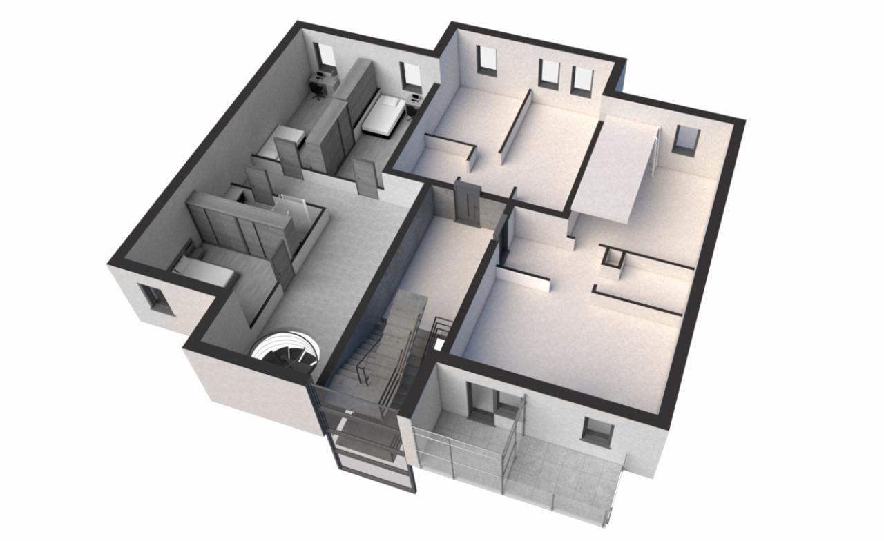 Wizualizacja 3D przekroju domu dwukondygnacyjnego z spiralnymi schodami, balkonem i wyposażeniem wnętrz.