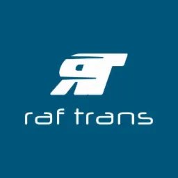 Logo firmy Raf Trans na ciemnoniebieskim tle, przedstawiające stylizowaną literę 'R' z elementami sugerującymi ruch.