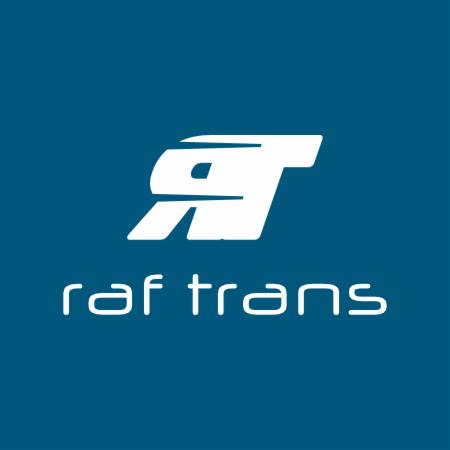 Logo firmy Raf Trans na ciemnoniebieskim tle, przedstawiające stylizowaną literę 'R' z elementami sugerującymi ruch.