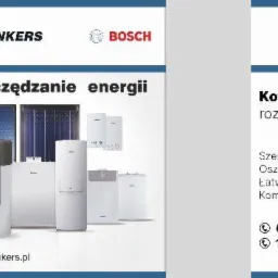 Reklama kotłów kondensacyjnych Junkers i Bosch, z hasłem 'Nowoczesne oszczędzanie energii', prezentująca różne modele kotłów i paneli solarnych oraz dane kontaktowe OMR Studio.