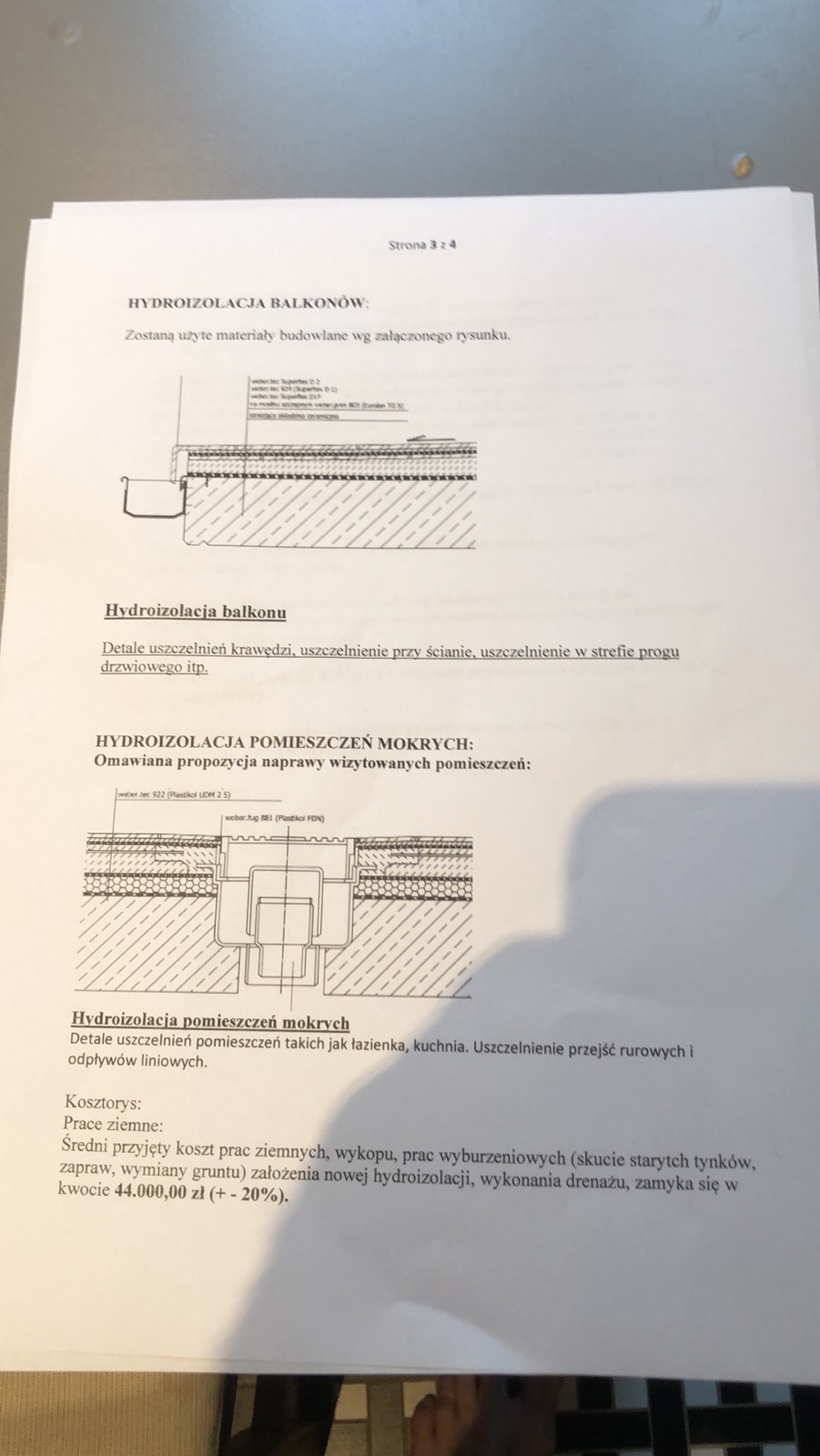 Skan dokumentu z technicznymi rysunkami hydroizolacji balkonu i pomieszczeń mokrych, wraz z orientacyjnym kosztorysem prac.