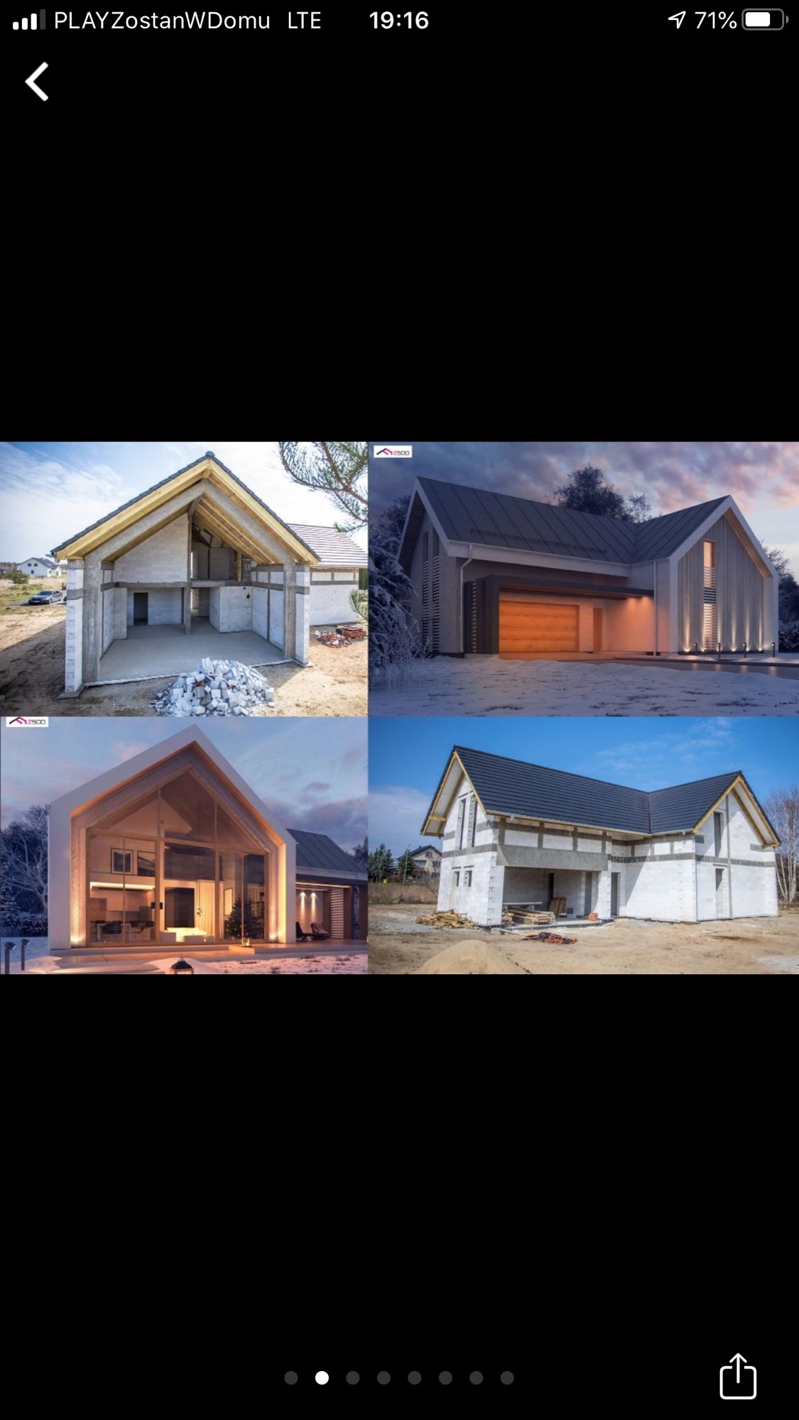 Kompozycja czterech zdjęć domów w różnym stylu i na różnym etapie budowy: surowy stan z bloczków, nowoczesny dom z garażem w zimowej scenerii, przeszklony dom z podświetleniem oraz dom w trakcie...