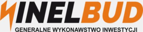 Logo firmy Winelbud, generalne wykonawstwo inwestycji, z pomarańczowym symbolem błyskawicy i czarnym napisem Winel oraz pomarańczowym napisem BUD.