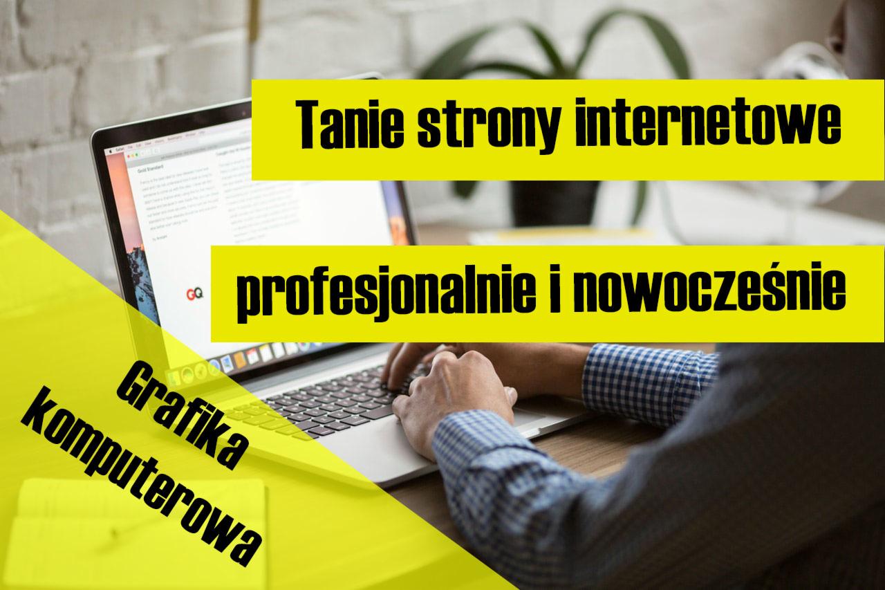 Osoba w niebieskiej koszuli w kratę pisze na laptopie, na ekranie widoczna strona internetowa, żółte nakładki tekstowe z hasłami reklamowymi: 'Tanie strony internetowe profesjonalnie i nowocześnie'...