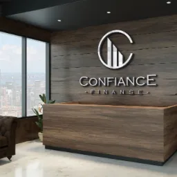 Nowoczesne wnętrze recepcji z drewnianą ladą, logo 'Confiance Finanse' na ścianie, widok na miasto przez okno i skórzana sofa w tle.