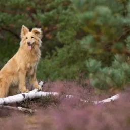 Złoty pies rasy mieszanej siedzi na powalonym pniu brzozy w lesie w Krakowie, z językiem na wierzchu i rozproszonym tłem z zielonych drzew i fioletowych wrzosów.