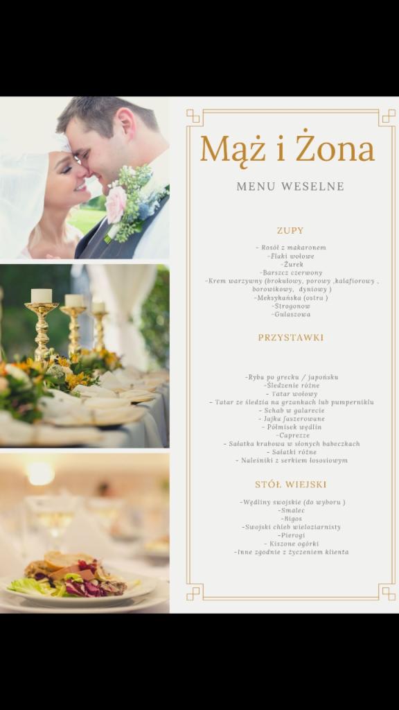 Karta menu weselnego z trzema zdjęciami: para młoda, dekoracja stołu ze świecami i talerz z sałatką.