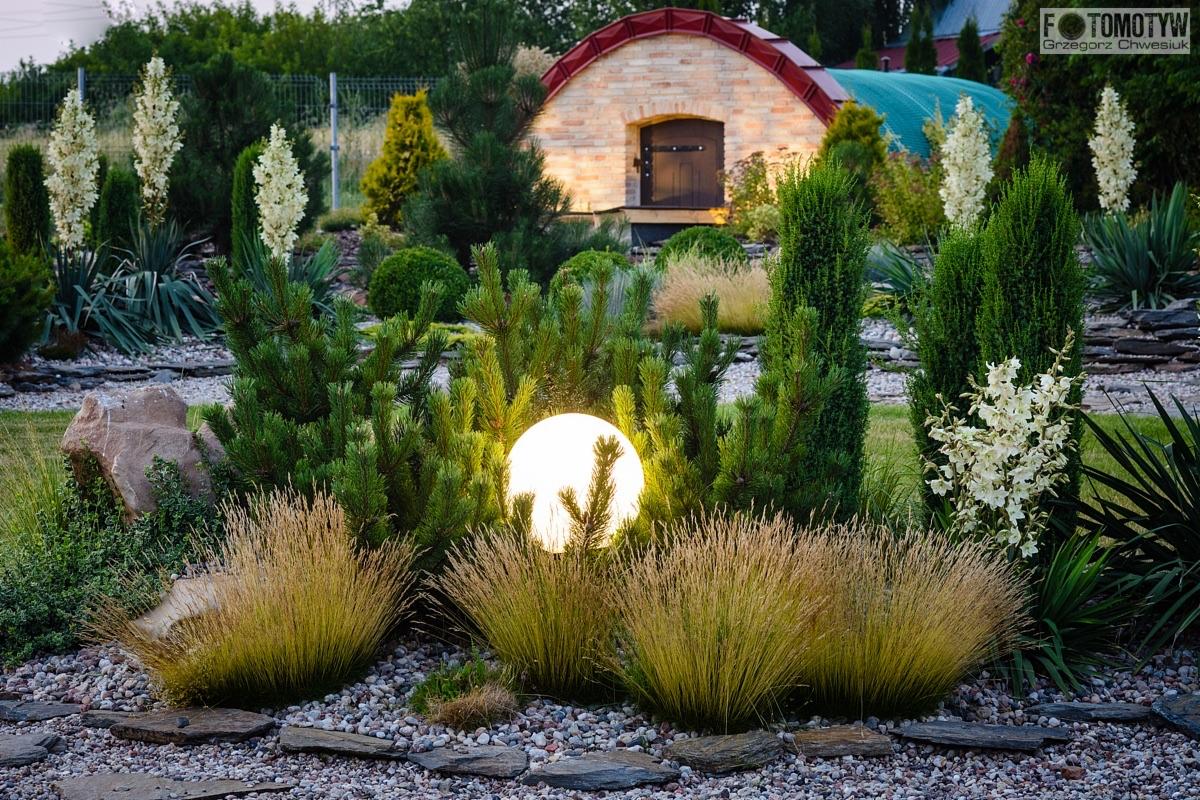 Oświetlony kulisty klosz lampy ogrodowej schowany wśród ozdobnych traw i iglaków na tle ceglanego budynku z zaokrąglonym dachem.