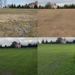 Cztery ujęcia tego samego terenu: przed przygotowaniem, po przygotowaniu podłoża, w trakcie wzrostu trawy i po jej pełnym wzroście, z widocznym domem w tle.