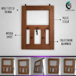 Drewniany wieszak na klucze z haczykami, wykonany z litego drewna, z zawieszonymi kluczami, prezentowany w różnych ujęciach na tle ściany.