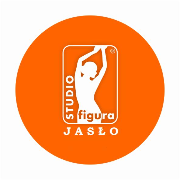 Pomarańczowe logo Studio Figura Jasło z białą sylwetką kobiety w prostokątnej ramce.