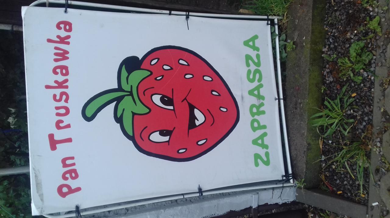 Baner reklamowy z rysunkiem truskawki z oczami i napisem 'Pan Truskawka ZAPRASZA', przymocowany na zewnątrz, widoczne otoczenie z kostką brukową i zielenią.