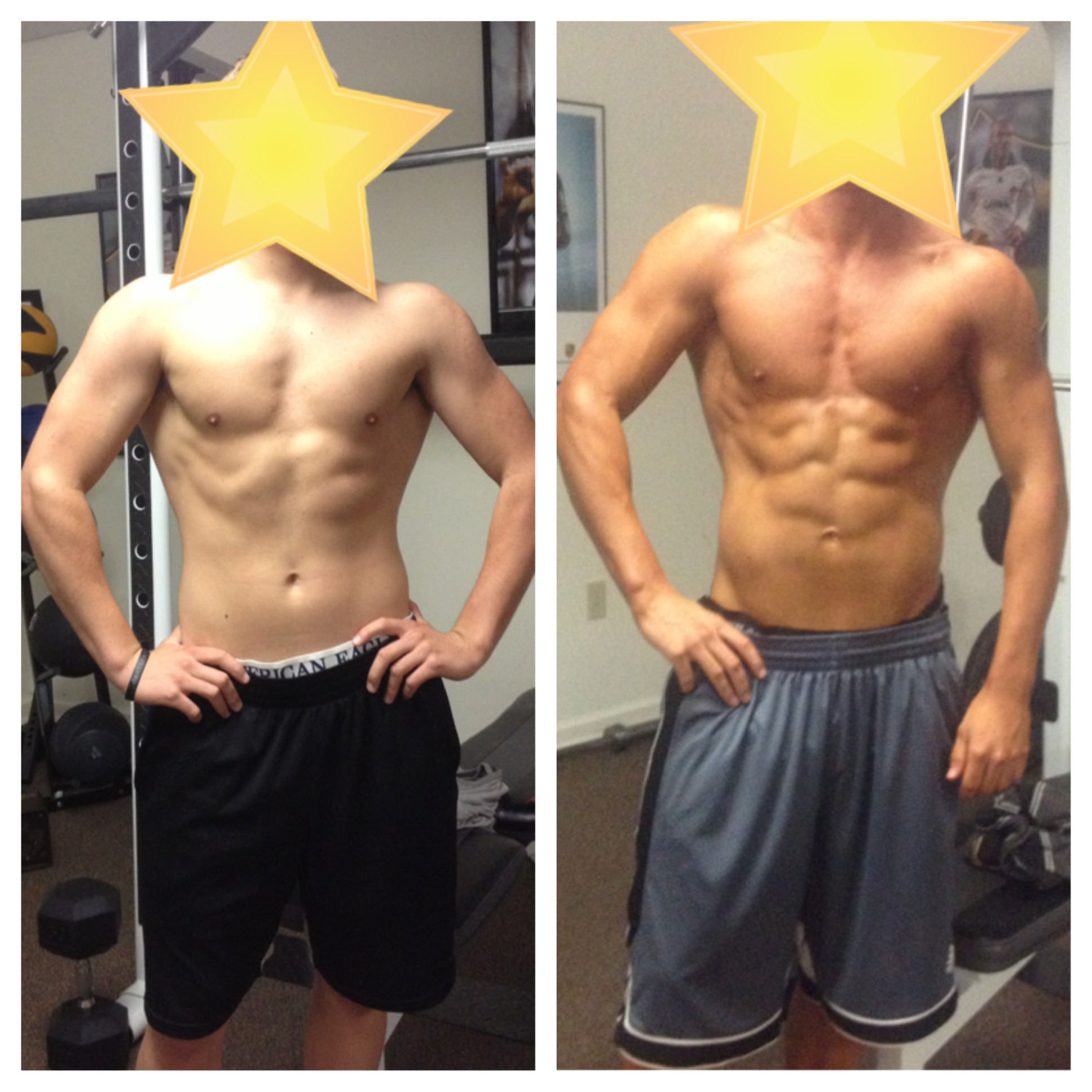 Porównanie sylwetki mężczyzny przed i po treningu, ukazujące progres mięśni brzucha i ramion.