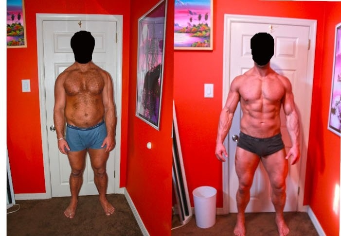 Mężczyzna przed i po metamorfozie sylwetki, widoczne zmiany w masie mięśniowej i redukcji tkanki tłuszczowej, czerwone ściany w tle.