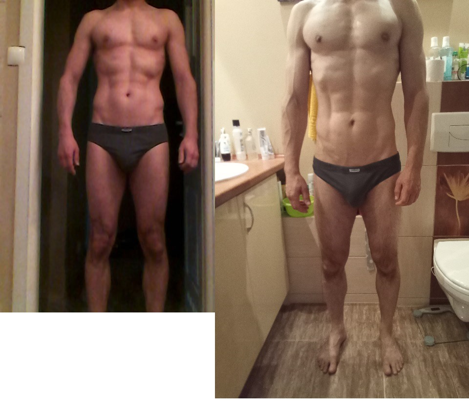 Mężczyzna prezentujący sylwetkę przed i po, widoczne zmiany w muskulaturze brzucha i ramion, sfotografowany w łazience przy słabym oświetleniu.
