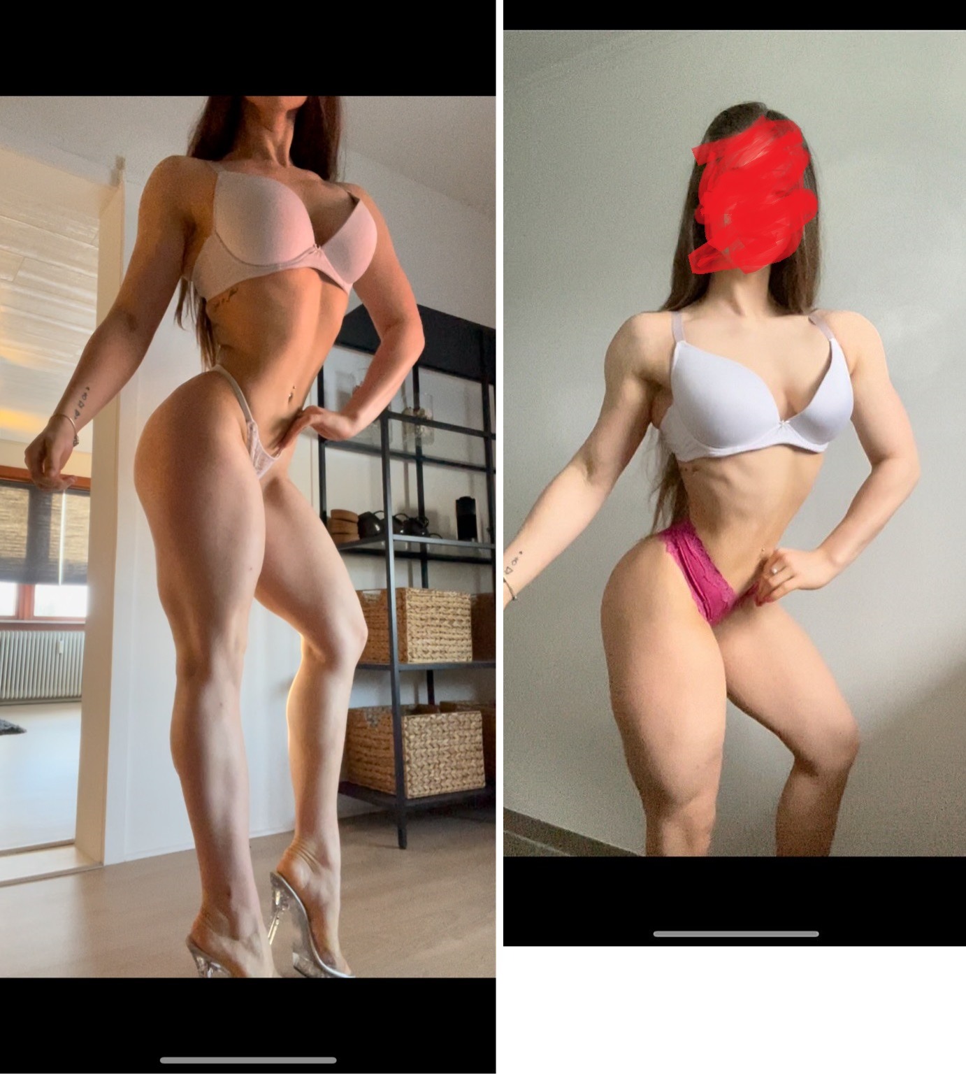 Kobieta prezentująca sylwetkę przed i po treningu, widoczne zmiany w muskulaturze i kompozycji ciała.