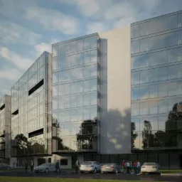 Wizualizacja budynku biurowego z fasadą ze szkła i jasnych paneli, z zaparkowanymi samochodami i grupą osób przed wejściem.