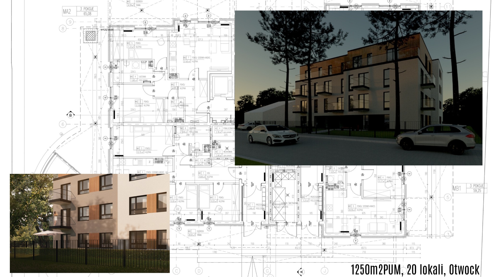 Zestawienie wizualizacji zewnętrznej budynku wielorodzinnego z rzutami kondygnacji, prezentacja projektu architektonicznego z uwzględnieniem otoczenia i układu pomieszczeń.