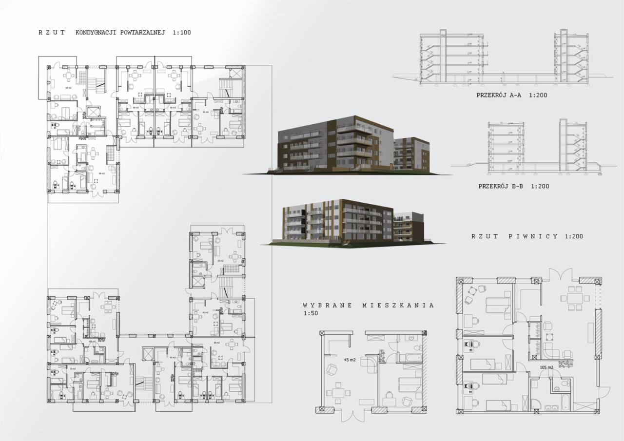 Wizualizacja architektoniczna budynku wielorodzinnego z rzutami kondygnacji, przekrojami pionowymi i planami mieszkań.