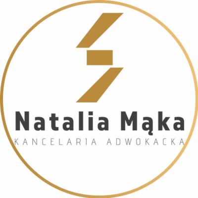 Logo Kancelarii Adwokackiej Natalia Mąka z abstrakcyjnym symbolem w kolorze złotym, umieszczone w złotym okręgu.