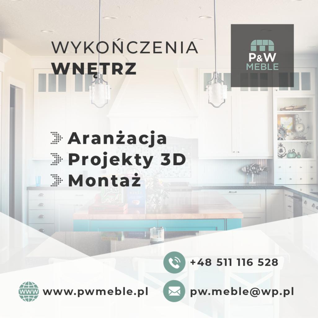 Grafika reklamowa firmy meblarskiej z aranżacją kuchni w tle i informacjami kontaktowymi: numer telefonu, adres strony internetowej i adres e-mail.