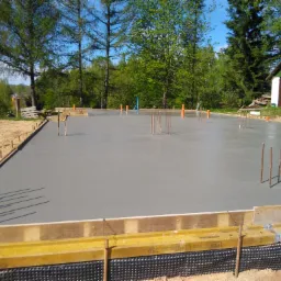 Świeżo wylana płyta fundamentowa z wystającymi prętami zbrojeniowymi, otoczona drewnianym szalunkiem i folią izolacyjną, na tle zieleni i błękitnego nieba.